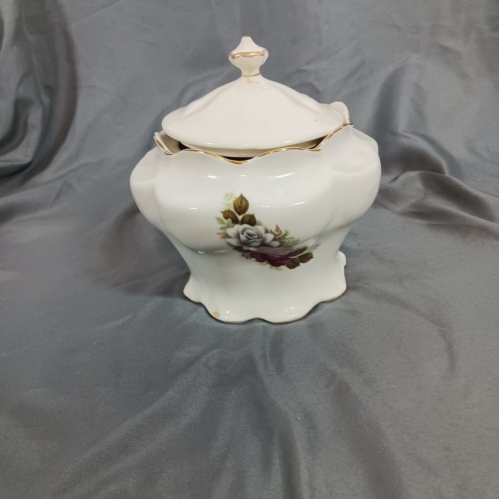 Vintage Biscuit Jar with Lid White Good Vintage Rose Floral Gold Trim